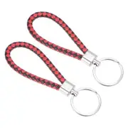 2Pcs Braided Leather Keychain Key Ring Woven Ornament Lanyard Strap, Black Red