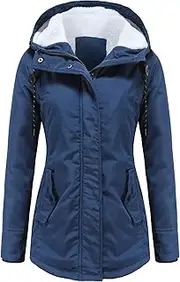 [JEShifangjiusu] Women Thick Clothing Cover With Hat Thick Velvet Hat Snow Coat With Hat Military Jacket, Navy blue, 3XL