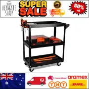 Black 3-Tier Tool Storage Trolley, Steel Cart with Lockable Wheels