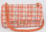 Orange Tweed Cotton Fabric Purse Gold Color Shoulder Strap Bag Cute For Summer