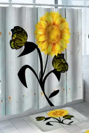 Yellow Sunflower and Butterflies over Light Blue Deck Shower Curtain
