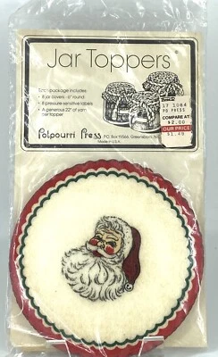 Santa Jar Toppers With Labels & Yarn Potpourri Press VTG 8 Toppers 6” Round NOS
