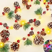 20 LED Christmas String Lights, 7 Ft Pinecone Red Berry Bell Xmas Garland with Lights Battery Operated Fairy String Lights with Pine Cone Indoor Outdoor Holiday Christmas Party Decorations