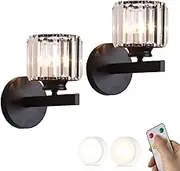 CJLWSLCO Two Sets of Crystal Wall Lamps Battery Powered Wall Lamps with Remote Control Dimmable Bulbs Modern Light Luxury LED Wireless Wall Lamps Gold Black Cordless Lighting for Bedside in Bedroom(Bl