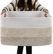 Uandhome Large Rectangle Blanket Basket,Storage Basket for Organizing,Woven Nursery Cotton Rope Baskets for Storage,Baby Organizing Baskets,Cotton Rope Baskets for Storage (Large white brown)