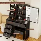 6-Drawers Dressing Table Stool Set Makeup Slide Mirror Drawer 10 LED Bulbs Wood