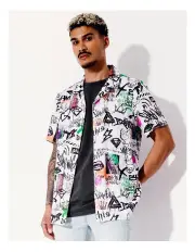 [Kenji] Graffiti Print Textured Short Sleeve Rayon Shirt in White
