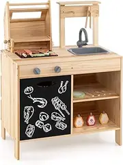 HONEY JOY Wooden Barbecue Grill Playset, Pretend Play Kitchen Set with Play Food, Grilling Tools & Accessories, Outdoor Cooking Toy BBQ Set with Blackboard & Storage, for Boys & Girls 3+ Years Old