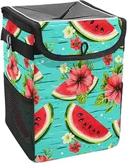 Car Trash Can with Lid and Storage Pockets Leak-Proof Organizer,Waterproof Garbage Can,Daisy Watermelon Green