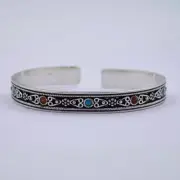 Vintage Indian Hand-Etched Turquoises and Coral Cuff Bracelet in Sterling Silver