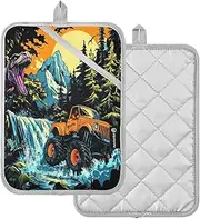 Adventure Car Forest Terry Cloth Pot Holders Heat Resistant Potholder Mat Set of 2 Pot Holders and Oven Mitts