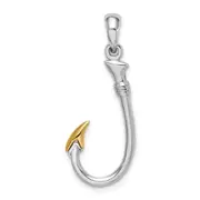 Silver/14K Two-Tone De-Ani Sterling Silver Rhodium-Plated 3D Fish Hook With 14K Accent Pendant