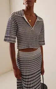 [SIMKHAI] Adley Cropped Gingham-Knit Polo Top