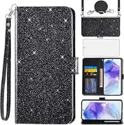 [Asuwish] Mobile Phone Case for Samsung Galaxy A55 5G Case with Strap Film Screen Protector Card Slot Foldable Glitter Leather Wallet Stand A 55 55A A555G Mobile Phone Cases Protective Mobile Phone Case