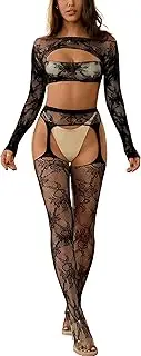 [Tender Whisper] Women’s Naughty Bodysuit Set Cutout Top Long Sleeve+Stretchy Suspenders Stocking Sexy Tights Bodycon Set