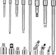 EXEGPLPVK 15Pcs Drive Tool Accessory Set Includes Socket Adapters 1/4'' 3/8'' 1/2'' Extensions Universal Joints Drive Impact Extension Bar