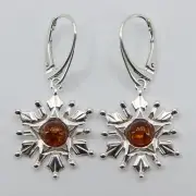 Genuine, Cognac / Brown BALTIC AMBER Snowflake Earrings SILVER Leverback #1545
