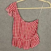Pink Rose Top Womens Small Red Crop Gingham Check Ruffle One Shoulder Preppy