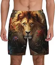 [Sipumia] Mens Lion Printed Swim Trunks with Compression Liner Quick Dry 2 in 1 Board Shorts with Pockets