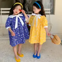 在飛比找蝦皮商城優惠-女童娃娃領泡泡袖蝴蝶結裝飾碎花洋裝 韓版夏季女寶寶時尚甜美公