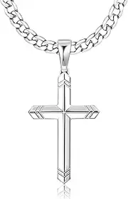Besteel 925 Sterling Silver Cross Necklace for Men Women, 5MM Durable Stainless Steel Diamond Cut Cuban Link Curb Chain with Silver Cross Pendant, Mens Cross Crucifix Necklaces Jewelry 16-30 Inches