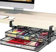 Under Desk Drawer Organizer Clamp-On, XICEN Mesh Metal Desk Drawer Attachment, 2 Drawer Slide Out, On Desk Or Under Desk Organizer For Office Supplies & Home Essentials (2 Drawers)