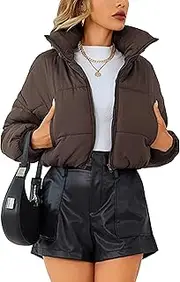 [Lumister] Womens Lightweight Quilted Jacket Long Sleeve Stand Collar Zipper Cropped Puffer Jacket Coat