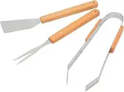 3PCS Stainless Steel BBQ Grill Utensil Set, Heat Resistant Tools with Beech Handles, Multi Functional Spatula Fork Tongs for Backyard Camping Grilling