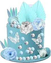 PLUSHCEWT 38Pcs Cake Decorations Butterfly Flower Leaves Cake Toppers with Paper Palm Fan Balloon Cake Topper Sticks for DIY Wedding Bithday Party Anniversary Valentine's Day Cake Decor (Baby Blue)