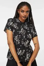 Dangerfield Garden Skelly Button Down Blouse Short Sleeves Black Women's 14