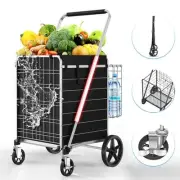 Folding Shopping Cart with 360° Rolling Swivel Wheels X-Large Silver With Brake