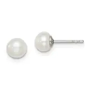 Sterling Silver Rh-Plated 5-6mm White Fw Cultured Button Pearl Stud Earring