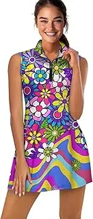 [Jekioweii] Womens Zipper Collared Tennis Dress Sleeveless Built in Shorts Golf Athletic Workout Exercise Dress with Pockets