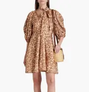 Zimmermann Dress Size 1 AU 10 US 6 Tie Neck Mini Toffee Leopard Print Linen BNWT