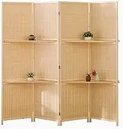 4 Panel Room Divider, Folding Privacy Wooden Screen, Portable Partition Screen with Shelf, Temporary Partition Wall Room Divider for Home Office, Natural Color(180x40cm/70.8x15.7in)