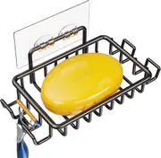 Bar Soap Holder for Shower Wall with 4 Hooks, Stainless Steel Adhesive Soap Dish for Bathroom, Silver (Black)