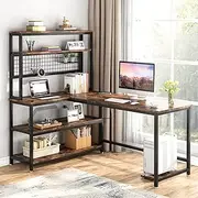 Tribesigns 140 cm Computer Desk with Hutch and Wireless Charging, L Shaped Desk with 5 Storage Shelves, Desk Workstation with Movable CPU Stand for Home Office (Brown)