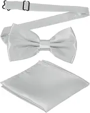 [uxcell] Bow Tie for Men, Adjustable Bow Ties with Pocket Square Solid Color Triple Fold Pre-tied Bow Ties Sets for Wedding, Parties, Dinner, and Business (Silver)
