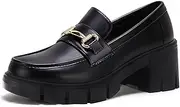[Coutgo] Womens Chunky Platform Lug Sole Loafers Mid Heel Square Toe Dress Walking Work Shoes with Buckle Chain