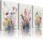 [Jushak] Botanical Floral Wall Art Set of 3, Vintage Wildflowers Poster Watercolor Plant Flower Canvas Print Wall Art for Bedroom Bathroom Home Kitchen Wall Decor, 12"x16" Framed Ready to Hang