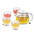 Tea Set - 485ml Heat Resistant Glass Flower Teapot + 4x Double Wall Tea Cups