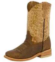 Kids Unisex Real Leather Cowboy Boots Rustic Brown Square Toe Botas Rancho