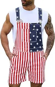 [Odefou] Men American Flag Overalls Shorts Denim Bib with Zipper 4th of July Patriotic Romper USA Onesie Sleeveless Jumpsuit