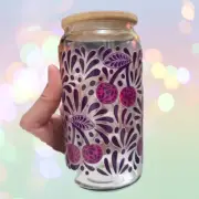 Purple Glass Mandala Cup Mug 16oz Libby With Bambo Lid And Straw