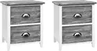 Bedside Table Set of 2 White + Grey Baskets Bed Side Tables Storage Small Narrow