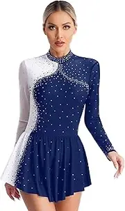[TiaoBug] Womens Figure Ice Skating Dress Long Sleeve Sparkly Rhinestone Mesh Splice Gymnastics Leotard Dress Dancewear