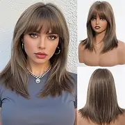 Short Brown Wig With Curtain Bangs Light Brown Bob Wigs 16 Inch Middle Length Wig Straight Bob Wig for Women Blonde Highlights Synthetic Wig Heat Resistant Fib