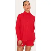 Petite Tomato Red Linen Look Button Up Shirt, Tomato Red