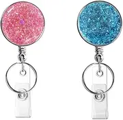 [QUUPY] 2Pcs Retractable Badge Holder Retractable Keychain Glitter Badge Holder with Key Ring Backing Belt Clip for Nurse Volunteer Teacher Student Office(Blue+Pink)