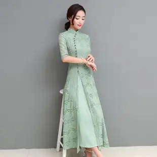 旗袍女春秋中國風長裙蕾絲旗袍